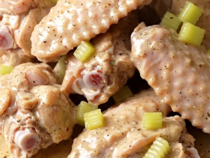A close-up view of creamy, slow-cooked turkey wings with Cajun sauce in a slow cooker.