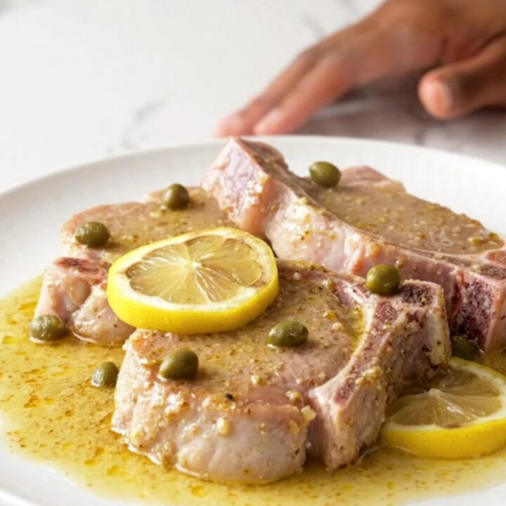 Close-up of creamy pork piccata with lemon slices and capers in a slow cooker.