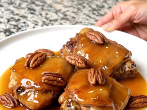 A close-up of tender, braised chicken thighs in a rich maple-butter sauce topped with toasted pecans in a slow cooker.