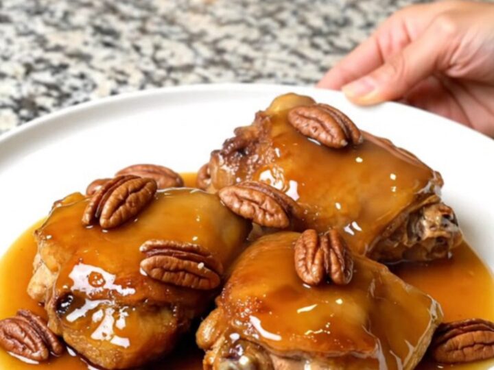A close-up of tender, braised chicken thighs in a rich maple-butter sauce topped with toasted pecans in a slow cooker.