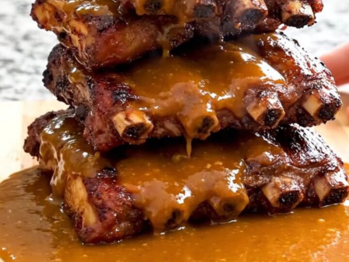 A close-up of tender, saucy honey sriracha country-style ribs being lifted from a black slow cooker with a serving spoon.