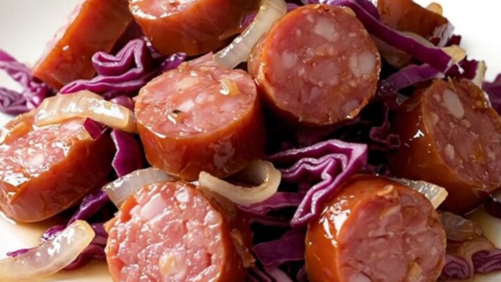 A slow cooker filled with sliced kielbasa and red cabbage on a butcher block counter.
