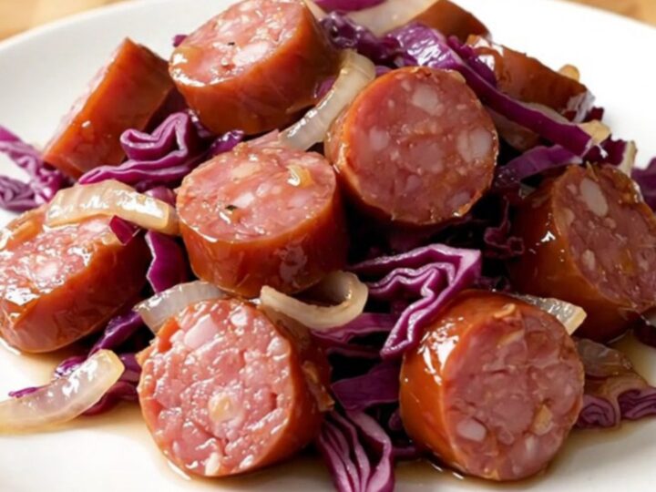 A slow cooker filled with sliced kielbasa and red cabbage on a butcher block counter.
