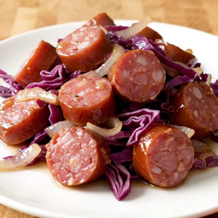 A slow cooker filled with sliced kielbasa and red cabbage on a butcher block counter.