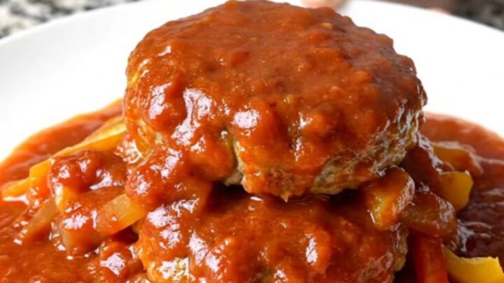A top-down view of raw turkey patties arranged in a ring inside a black slow cooker insert.