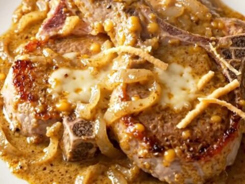 A close-up of tender, braised boneless pork chops smothered in a rich, creamy smoked gouda sauce with onions.