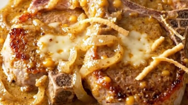 A close-up of tender, braised boneless pork chops smothered in a rich, creamy smoked gouda sauce with onions.