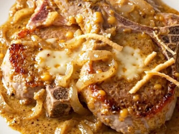 A close-up of tender, braised boneless pork chops smothered in a rich, creamy smoked gouda sauce with onions.