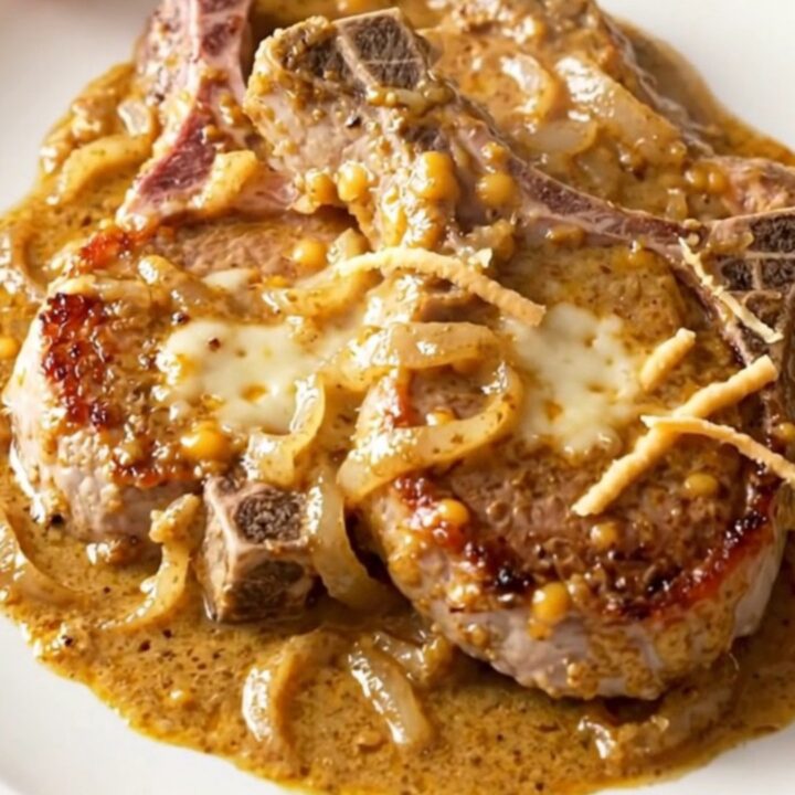 A close-up of tender, braised boneless pork chops smothered in a rich, creamy smoked gouda sauce with onions.