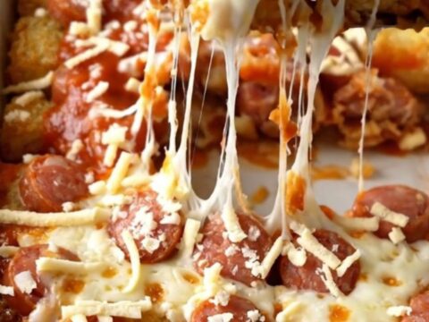 A rectangular baking dish filled with a golden, bubbling cheesy potato tot and sausage bake.