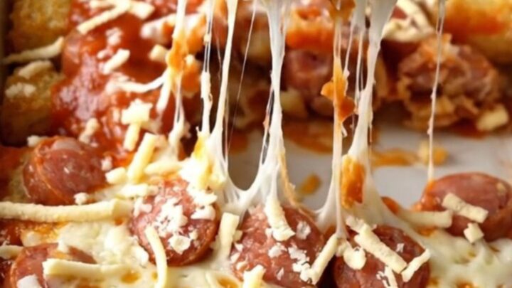 A rectangular baking dish filled with a golden, bubbling cheesy potato tot and sausage bake.