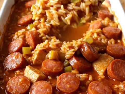 A top-down view of a rectangular baking dish filled with a vibrant chicken and sausage jambalaya.