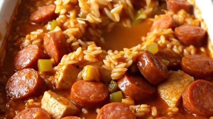 A top-down view of a rectangular baking dish filled with a vibrant chicken and sausage jambalaya.