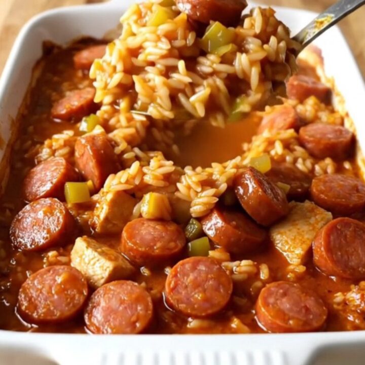 A top-down view of a rectangular baking dish filled with a vibrant chicken and sausage jambalaya.