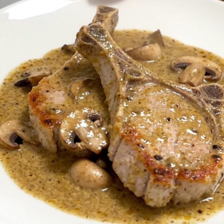 Five raw boneless pork chops fanned out in a slow cooker insert with mushrooms and cream sauce.