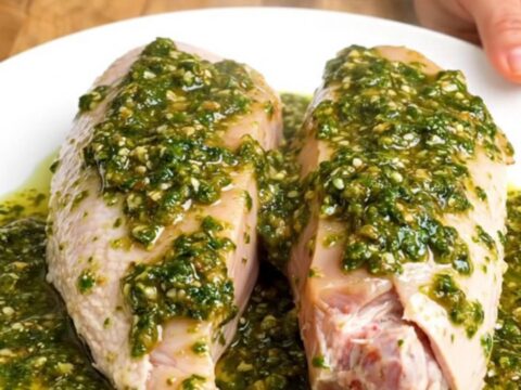 A stainless steel slow cooker filled with raw turkey tenderloins, sliced red onions, and fresh chimichurri sauce.