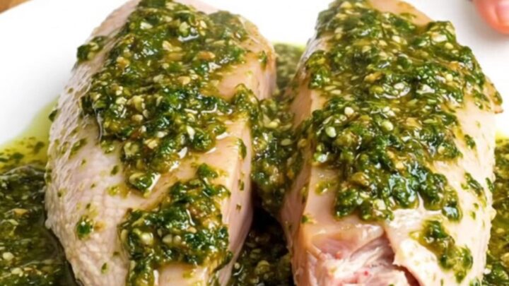 A stainless steel slow cooker filled with raw turkey tenderloins, sliced red onions, and fresh chimichurri sauce.