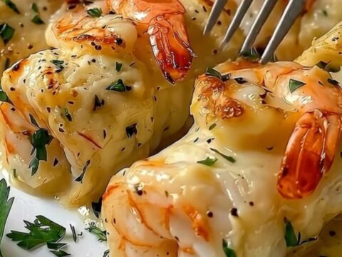 A close-up shot of a cheesy garlic butter shrimp bite on a fork with butter dripping.