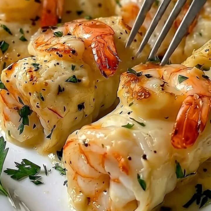 A close-up shot of a cheesy garlic butter shrimp bite on a fork with butter dripping.