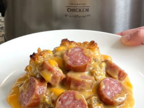 A slow cooker filled with a creamy smoked sausage and tater tot casserole.