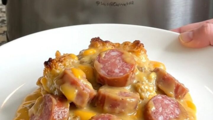 A slow cooker filled with a creamy smoked sausage and tater tot casserole.