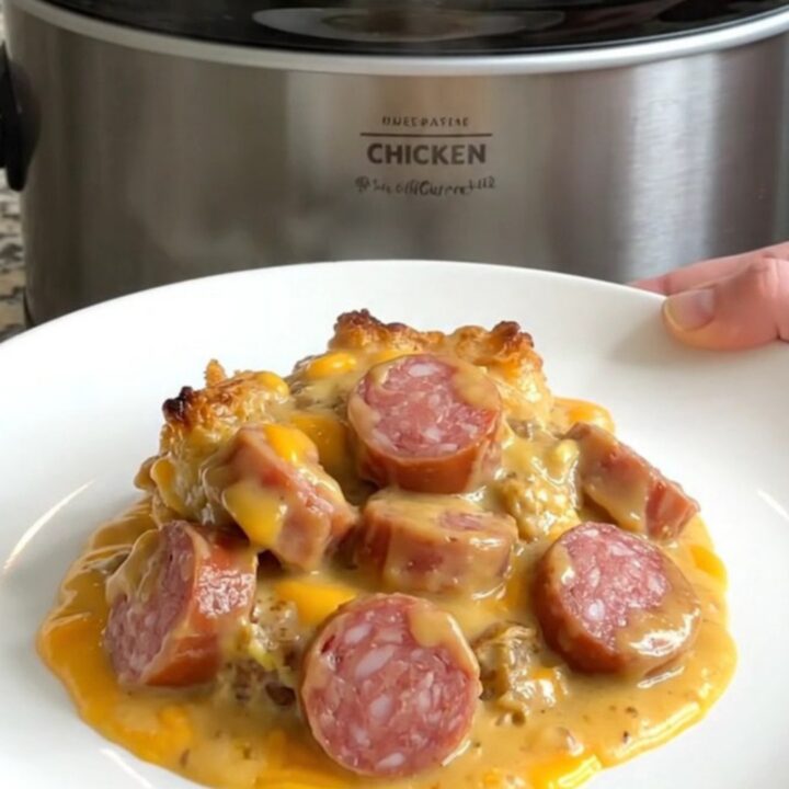 A slow cooker filled with a creamy smoked sausage and tater tot casserole.
