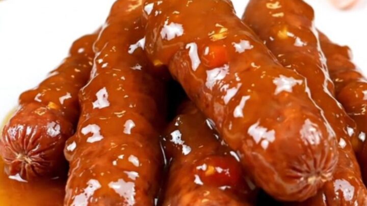 A stainless steel slow cooker filled with mini smoked sausages covered in a glossy amber pepper jelly glaze and diced red