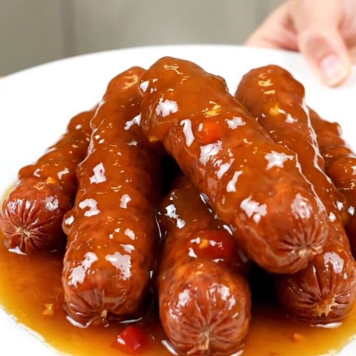 A stainless steel slow cooker filled with mini smoked sausages covered in a glossy amber pepper jelly glaze and diced red