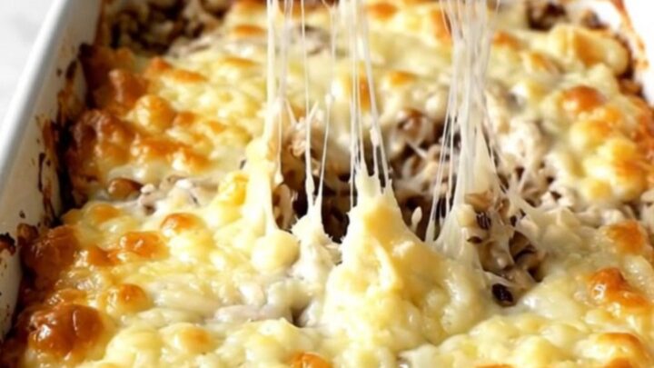 A top-down view of a creamy mushroom and wild rice bake topped with melted Gruyère cheese in a ceramic dish.