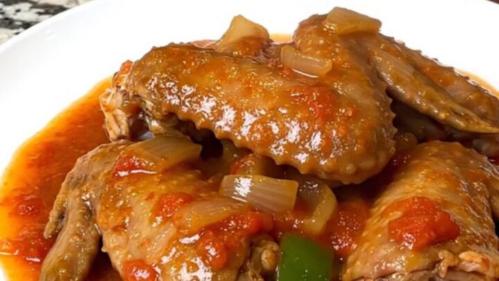 A close-up of tender, slow-cooked turkey wings in a rich tomato gravy served on a white plate.