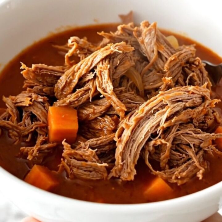 A close-up of tender, shredded beef in a rich tomato sauce with visible pieces of carrot and onion.