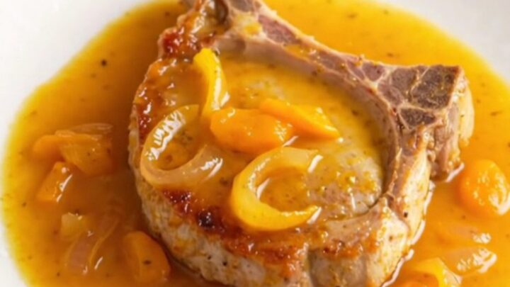 A succulent pork chop covered in a glossy apricot and onion sauce on a white plate.