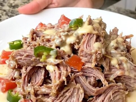 A close-up of tender, shredded pork covered in a creamy white queso sauce on a white plate.