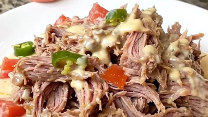 A close-up of tender, shredded pork covered in a creamy white queso sauce on a white plate.