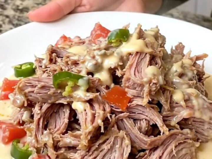 A close-up of tender, shredded pork covered in a creamy white queso sauce on a white plate.