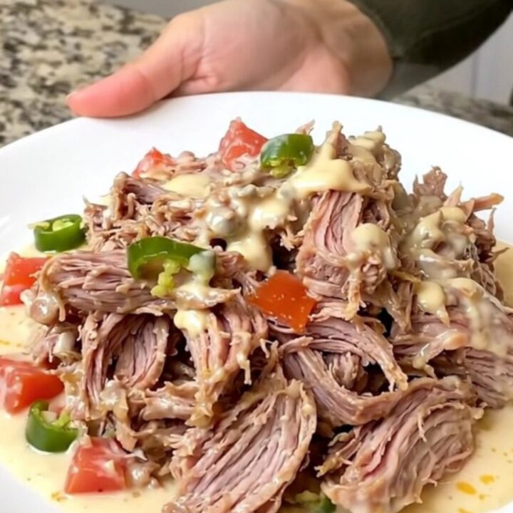 A close-up of tender, shredded pork covered in a creamy white queso sauce on a white plate.
