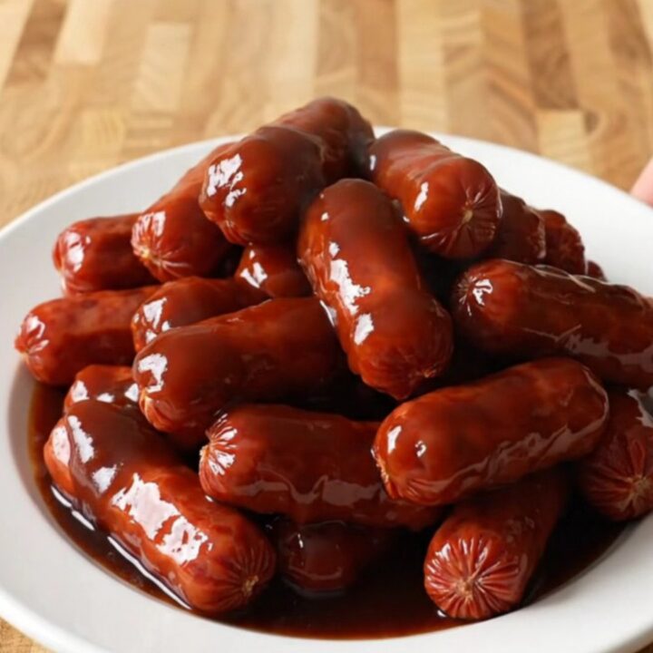 A stainless steel slow cooker filled with glazed mini smoked sausages in a sweet root beer barbecue sauce.