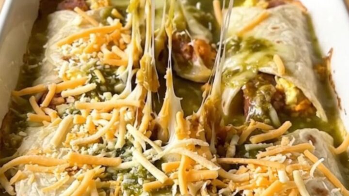 A top-down view of a rectangular baking dish filled with sausage and egg burritos covered in salsa verde and melted pepper