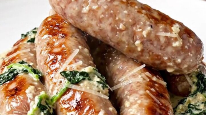 A close-up view of creamy Italian sausage links in a slow cooker topped with wilted spinach and parmesan cheese.