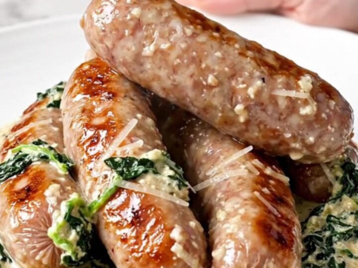 A close-up view of creamy Italian sausage links in a slow cooker topped with wilted spinach and parmesan cheese.