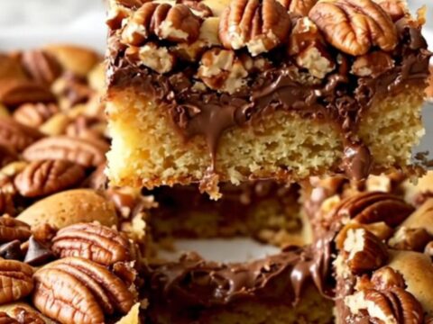 A top-down view of chocolate chip pecan pie bars in a ceramic dish on a speckled countertop.