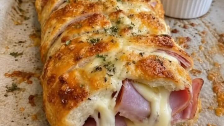 A golden-brown pull-apart bread loaf with melted cheese and ham visible in the crevices.