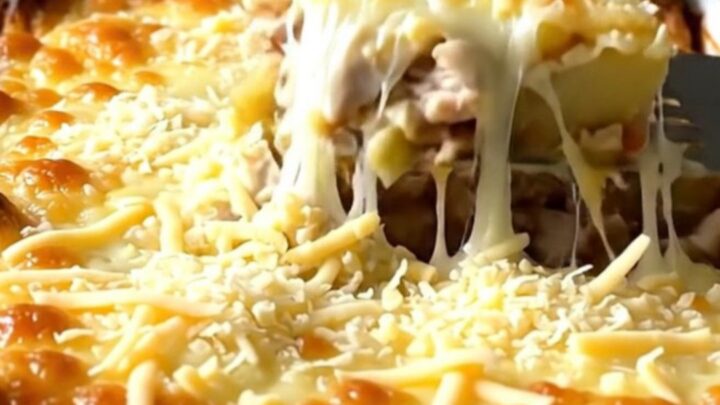 A close-up of a golden, bubbling garlic cream chicken and potato gratin in a white ceramic dish.