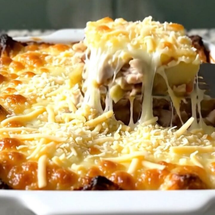 A close-up of a golden, bubbling garlic cream chicken and potato gratin in a white ceramic dish.