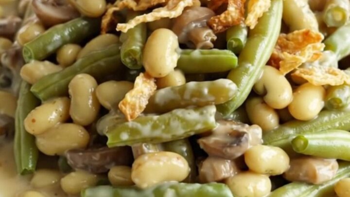 A close-up view of a creamy green bean casserole in a stoneware crock, topped with golden crispy fried onions.