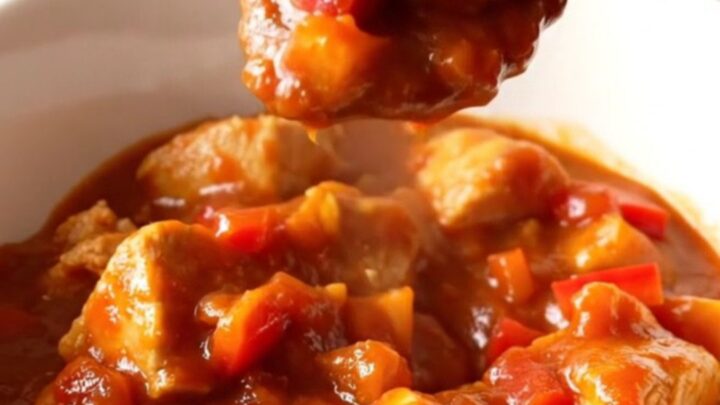 A close-up of a bowl filled with chicken and bell pepper stew in a rich tomato sauce.