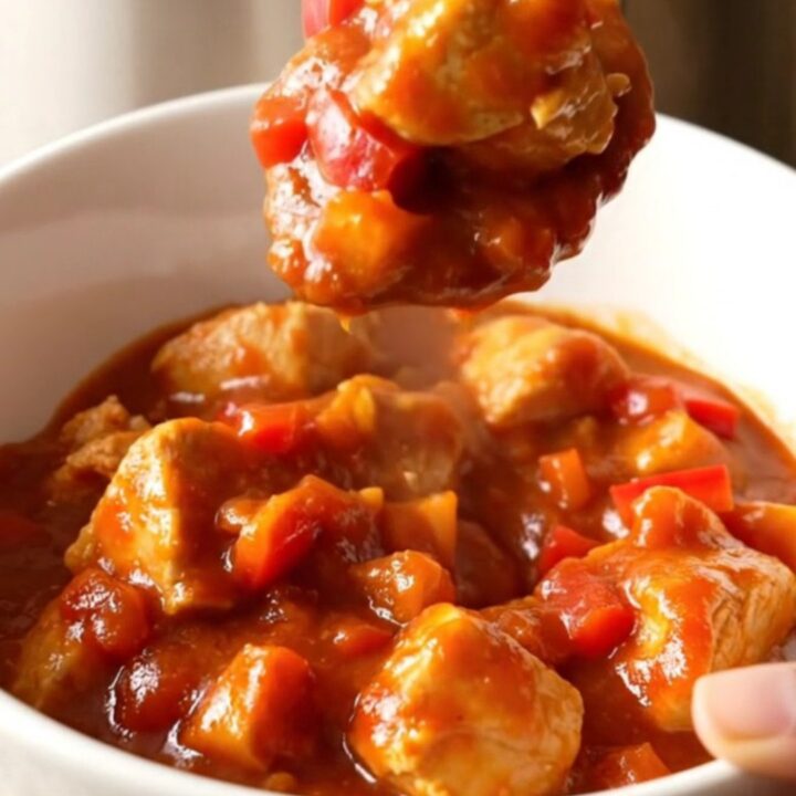 A close-up of a bowl filled with chicken and bell pepper stew in a rich tomato sauce.