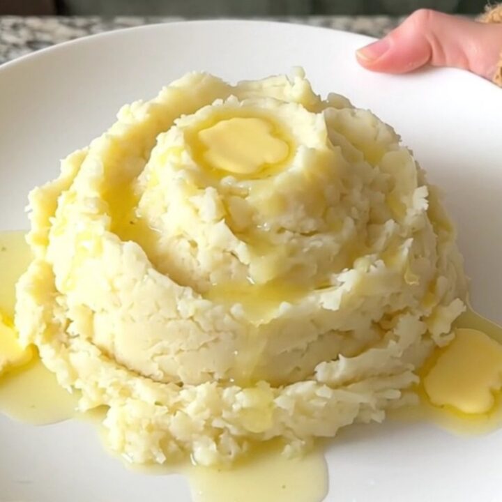 A top-down view of a slow cooker filled with cubed raw Yukon gold potatoes, cream cheese, and butter.