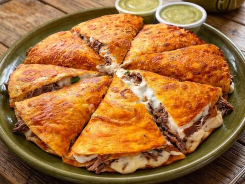 Golden-brown crispy beef quesadilla wedges arranged on a rustic green ceramic platter with salsa.
