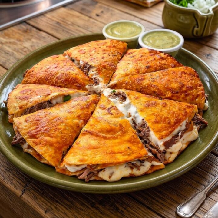Golden-brown crispy beef quesadilla wedges arranged on a rustic green ceramic platter with salsa.